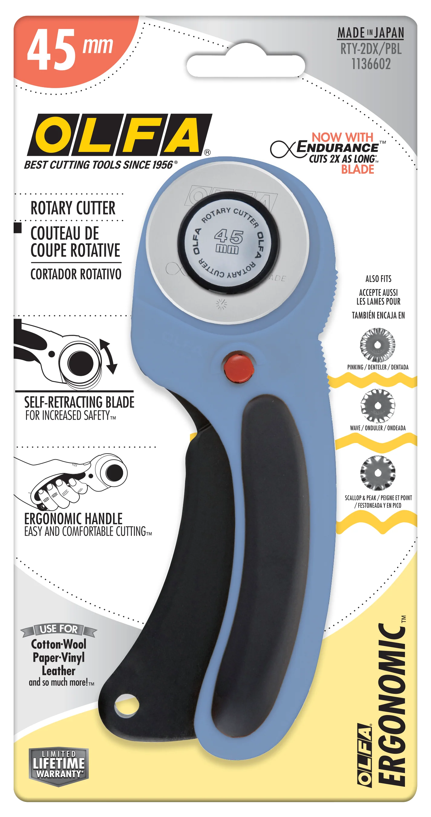 Olfa 45mm RTY-2DX/PBL Ergonomic Rotary Cutter, Pacific Blue