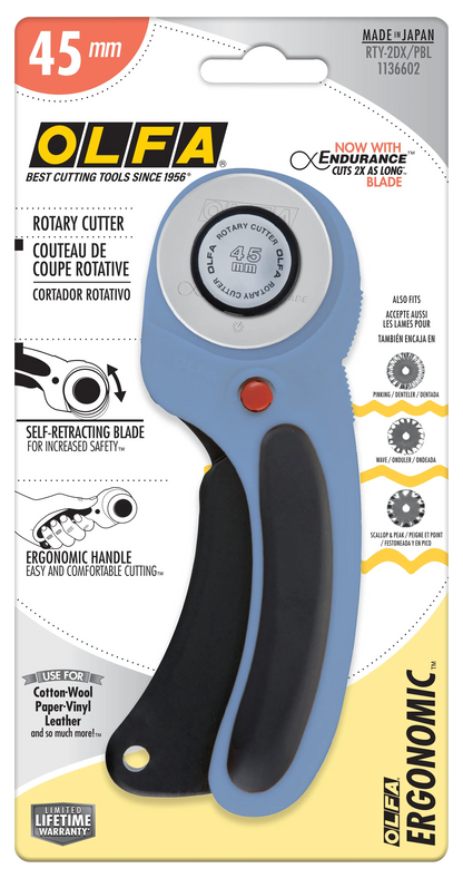Olfa 45mm RTY-2DX/PBL Ergonomic Rotary Cutter, Pacific Blue